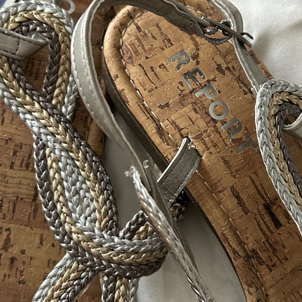 Report Metallic Braided Cork Sandals